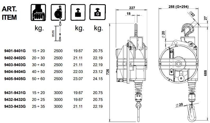 zero gravity tool balancer 15-60kg 9401 dimensions
